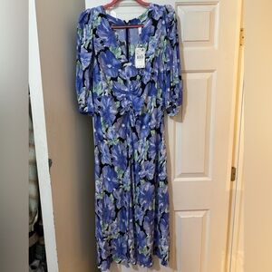 Mango Blue V-Neck 3/4 Bishop Sleeve Dress